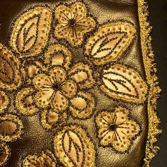 Vintage Rare Isabella Fiore Gold Leather Satchel Shoulder Bag with Beaded Trim - Picture 11 of 13